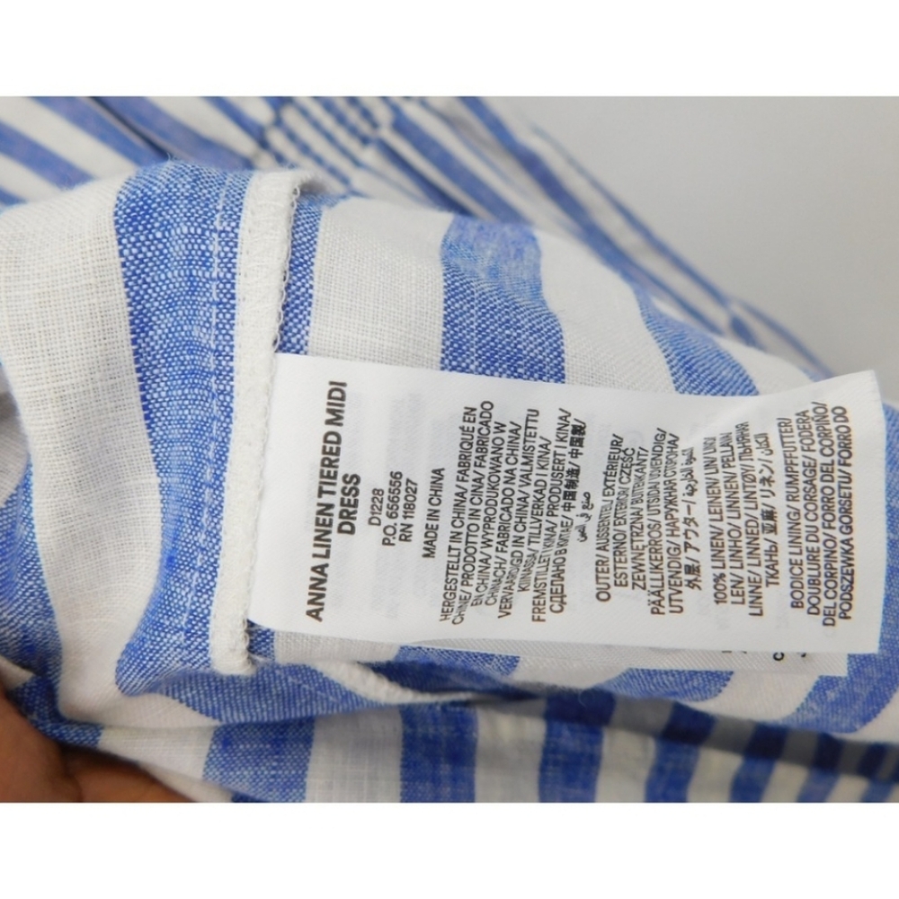 Boden Anna Linen Tiered Midi Dress Blue White Striped Smocked Puff Sleeve 12L - Picture 4 of 6